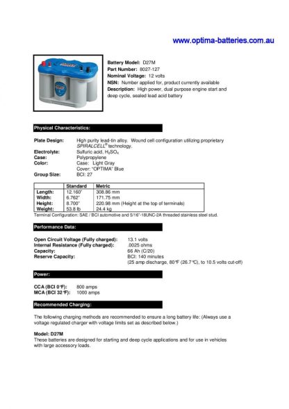 Optima Blue Top D27M - 12 Volt - 66Ah - 800CCA - Marine Spiral Cell AGM Dual Purpose Battery - Some days, endurance is more important than luck (D27M) - Image 2